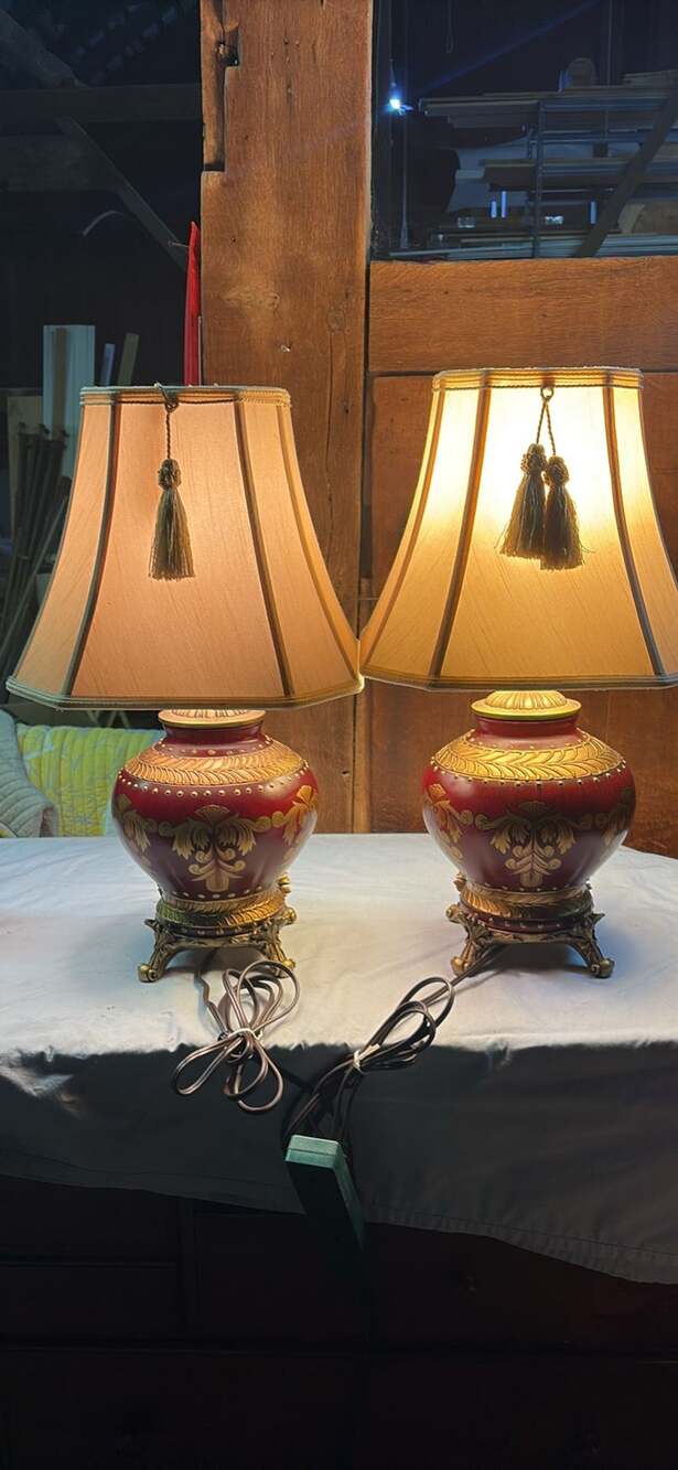 Vintage Maroon and Gold Urn Table Lamp Pair